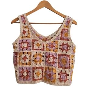 Rebellion Again Crochet Granny Square Crop Top XS Boho Festival Y2K Retro